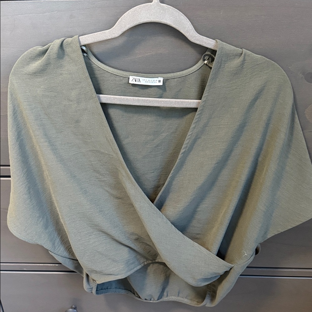 Zara Olive Green V-Neck Top